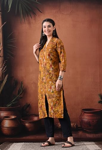 Image of Ichaa Women's Pure Cotton A-Line Ethnic V-Neck Kurta with 3 /4th Sleeve for Daily and Office Wear, in Plus Sizes