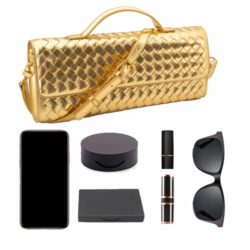 Image of Woven Clutch Purse Ladies Top Handle Handbag Leather Crossbody Shoulderbag with Detachable Strap (Gold)