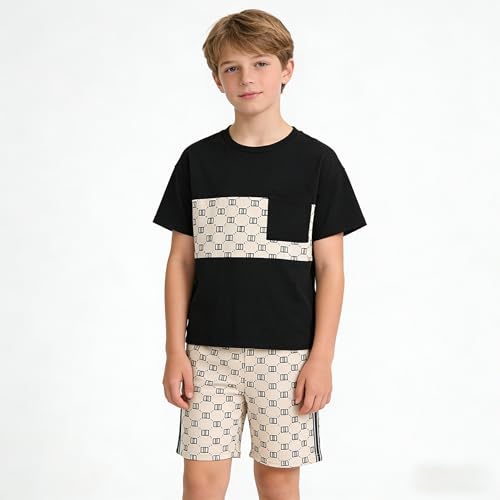 Image of Ayzozuy Boy Clothes Colorblock Top + Drawstring Waist Shorts 2 Pieces Kid Summer Outfits Set