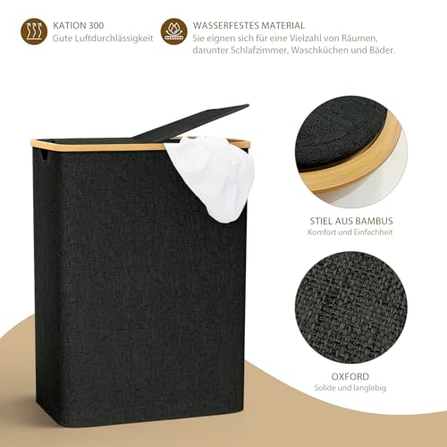 Capocica Wäschekorb mit Deckel 2 Fächer, 140L Wäschesammler schmal mit herausnehmbaren Wäschesack Laundry Baskets Wäscheschrank Wäschetonne Wäschetruhe für Schmutzwäsche Schwarz