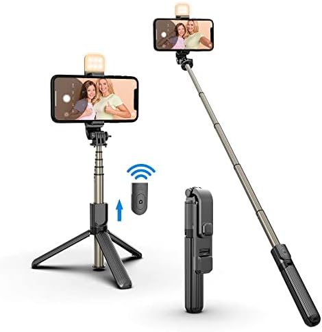 Selfie Stick Tripod with Fill Light, Aluminium Alloy Selfie Stick Tripod Stand & Phone Holder with Wireless Remote, Selfie Light for Live Streaming, Makeup, YouTube Video, Compatible with iOS/Android