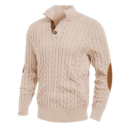JMIERR Men’s Cable Knit Pullover Sweater Casual Long Sleeve Stand Collar Button Knitted Sweaters