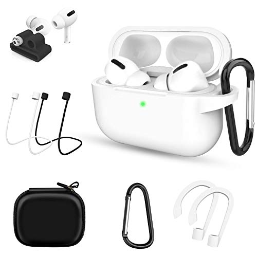 AUNEK AirPods Pro Case, 7 in 1 Chokabsorberende Protective Silicone Cover, Voorkant LED Zichtbaar Draadloos Opladen Airpods pro Hoesje met Karabijnhaak, Oorhaak, iWatch Bandhouder, Opbergtas