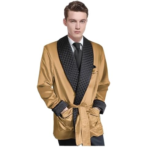 Apornipal Men's Short Satin Smoking Robe with Belt Soft Lightweight Smoking Jacket Elegant Dinner Coat (Gold Satin,42R) Cover