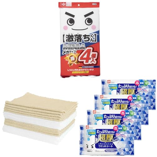【セット買い】レック 激落ち MEGA 4枚入 大容量パック メラミンスポンジ (1枚:18×2.9×31cm) 水だけで汚れ落とし S-809 ホワイト + 【Amazon.co.jp限定】 激落ちくん マイクロファイバー クロス 20枚入 (20×30