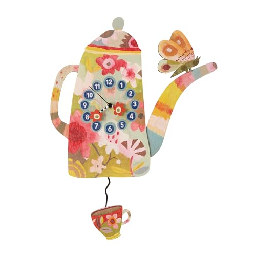Enesco Allen Designs Tea Kettle Cup of Time Battery-Operated Wooden Pendulum Wall Clock 16.8 Inch Multicolor