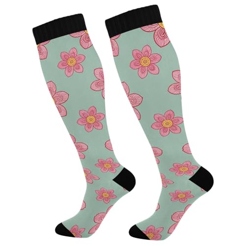 Compression Socks for Women Men Flower Wide Calf Knee High Stockings 20-30mmHg Nurse Travel Athletic Sock 2 Pair