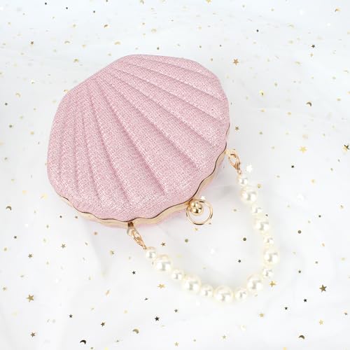 Image of Glitter Seashell Evening Clutch Purse Mini Chain Crossbody Bag Pu Leather Shell Pearl Shoulder Bag