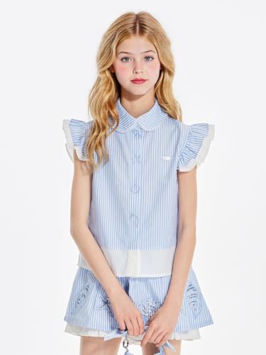 Girls Blue Ruffle Sleeve T-Shirt with Ocean Embroidery, Striped Summer Tops Fashion Tees for Girls Size6-162