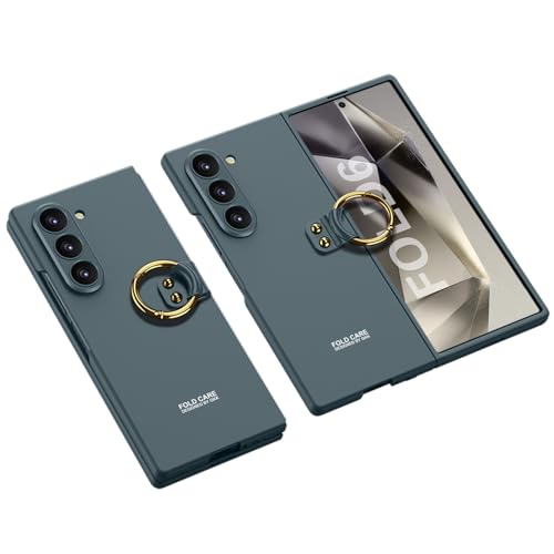 適用Samsung Galaxy Z Fold 6用の超薄型電話ケース、リングブラケット付き、磁気ヒンジ保護付きの折りたたみ式ケース (緑色)