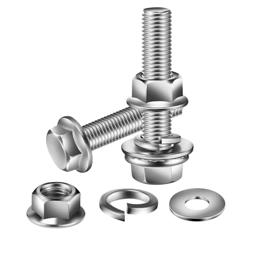 M6 x 20mm Flanged Hex Head Bolts, Nuts, Flat &amp; Lock Washers, 20Pcs 18-8 (304) Stainless Steel, Fully Threaded, by SG TZH