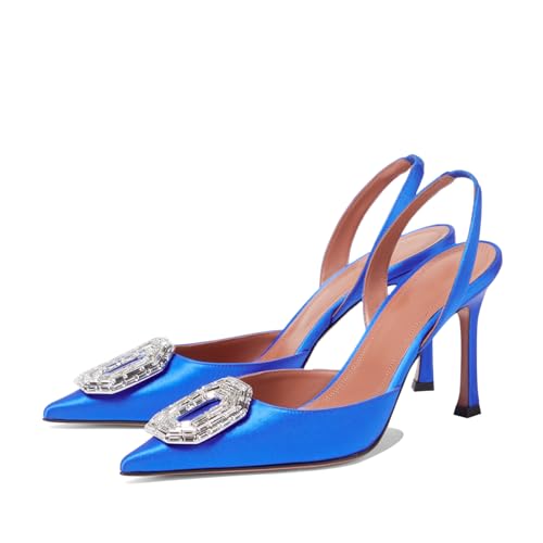 Vertundy Women's Blue Slingback Heels Rhinestone Pumps Pointed Toe Satin Crystal Stiletto High Heeled Sandals Party Wedding Bride Pump Dress Shoes