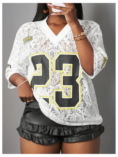 Women's Y2k Floral Lace Jersey Shirt Number Print Sheer V Neck Short Sleeve Summer Tee Tops3