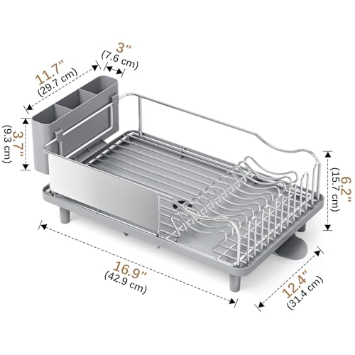 Dish Drying Rack Large Capacity - Stainless Steel Dish Rack for Kitchen Counter with Drain Board, Rustproof Dish Drainer with Auto Drain Spout Utensil Holder Glass Holder, Dinnerware Organizer, Gray