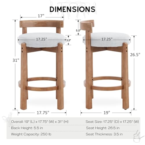 Image of CIMOTA 26.5 inch Counter Height Bar Stools Set of 2, Mid Century Modern Low Back Bar Chairs with Solid Wood Legs & Linen Upholstered Seat, Kitchen Island Stools, Light Grey