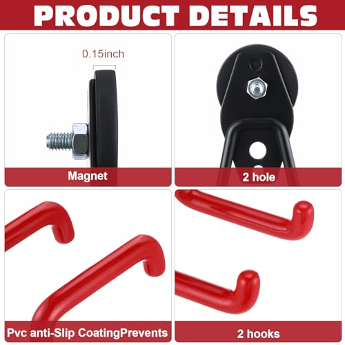 Image of Landhoow 6 Pcs Large Magnetic Hooks Heavy Duty Garage Magnet Hooks Strong Storage Utility Magnetic Hangers with Anti Slip Rubber Coating for Indoor and Outdoor Hanging (Red)