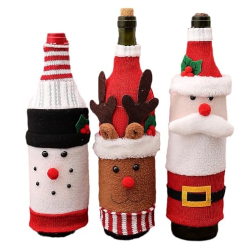 Insvog 3 Packs Christmas Wine Sweater Cover - Handmade Knitted Cartoon Decorative Bottle Bags - Adorable Santa Claus Snowman Decor for Xmas Holiday Party Home Decorations