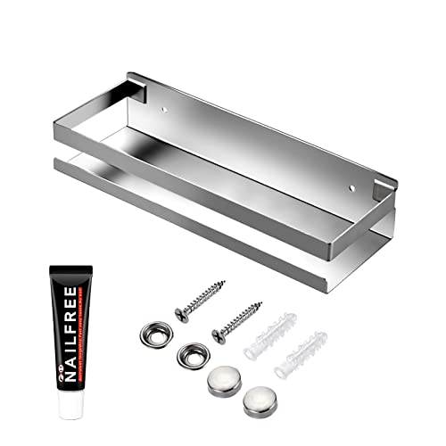 GEINIFAFA Rustproof Metal Storage Floating Shelves Wall Mounted Rectangular Shelf for Bedroom,Bathroom, Living Room, Kitchen, and Laundry Room,Nail-Free Wall-Mounted Shelves（11.8 Inch Silver）