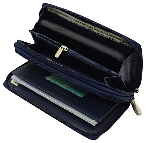 MARSHAL Genuine Leather Womens RFID Blocking Security Double Zip-around Indexer Phone Wallet (Blue)4