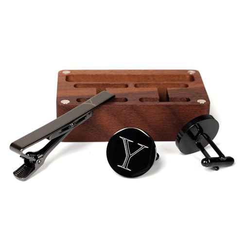 Image of Mens Initial Cufflinks and Tie Clip A-Z Alphabet Letter Black Stainless Cuff Links Tie Bar with Engraved Walnut Wood Box Groom Groomsman Wedding Set