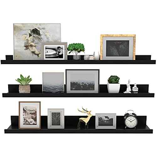 Giftgarden 36 Inch Black Floating Shelves for Wall Woodgrain Picture Ledge Large Photo Shelf for Bedroom Living Room Kitchen Bathroom Storage Shelving, Set of 3 Different Sizes