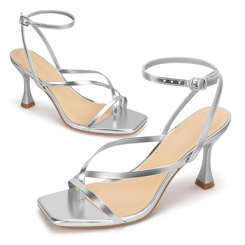 Image of Women's Strappy High Heels Sandals Square Open Toe Ankle Strap Slingback Thong Stilettos Shoes for Wedding