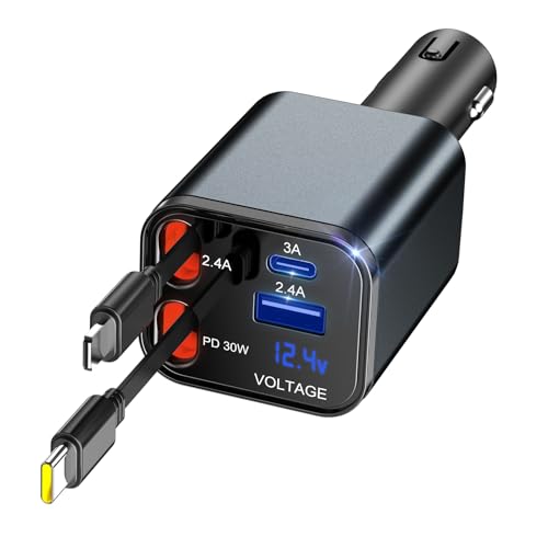 GaoBao Retractable Chargeur Voiture, Câble Magique & Rebond Instantané, 4 en 1 Rétractable Chargeur Voiture Charge Rapide Chargeur Allume Cigare USB C pour iPhone 16 15 14 13 12 Galaxy Android, Gris