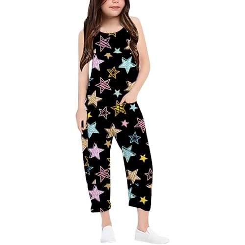 Generisch Latzhose Kinder Mädchen 110 Sternen Overall Sommer Jumpsuit Lang Weites Bein Trägerhose Lässige Strampler Ärmellos Romper V-Ausschnitt Sommeroveralls Freizeithose Playsuit Mit Taschen