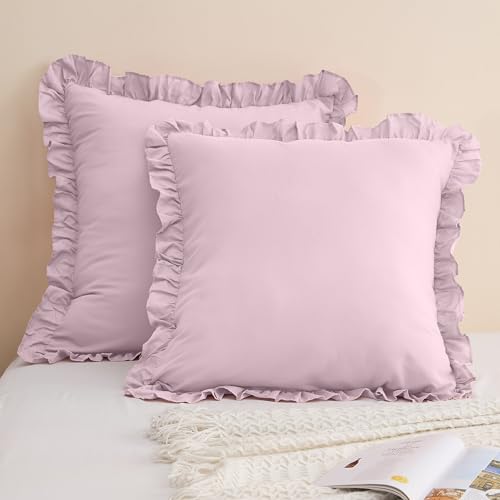 LINENOVA Ruffled Pillow Cases Set of 2 - European Size 65×65cm - Ultra Soft Microfiber 2000TC Pillowcase - Pillow Cover with Envelope Closure - Light Pink