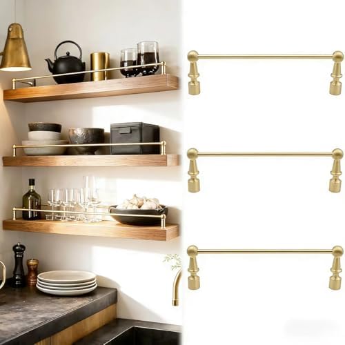Brass Kitchen Shelf Railing 31in, Anti-Fall Metal Guardrail for Cabinets, Durable Shelf Fence with 2 Spindles - Perfect for Home Organization and Safety