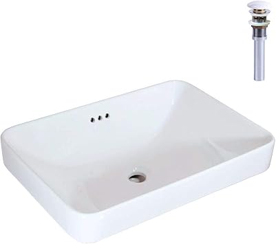 WinZo WZ6174D Semi-Recessed Bathroom Sink with Pop Up Drain, Rectangular Drop-in Vanity Basin With Overflow Ceramic White 23.25X16.38X6.75"