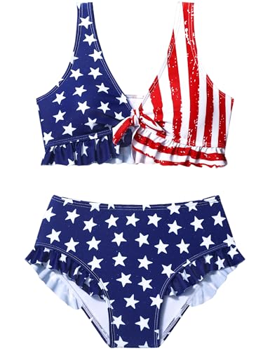 Girls Swimsuit Two Piece Bikini Set Textured Knot Front Girls Bathing Suit Ruffle V Neck Solid Color Girls' Swimwear