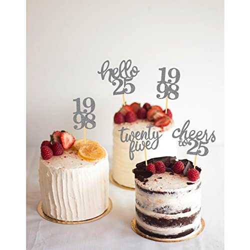 24Pcs Glitter 25Th Birthday Cupcake Toppers, Hello 25Th Birthday Cake Topper- 25Th Birthday Decorations For Celebrating Twenty-Five Years Old Birthday Party (Silver) #TOP4