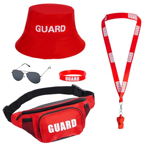 cnomg 5Pcs Guard Costume Set Lifeguard Costume Accessories Hat Sunglasses Whistle Fanny Pack for Halloween Beach Dress up Party