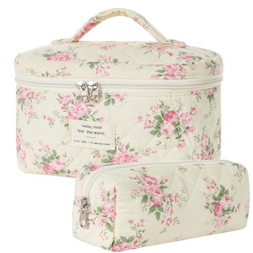 Makeup Bag, Quilted Makeup Bag, Cotton Large Travel Makeup Bags, Floral Cosmetic Bag, Travel Quilted Makeup Bags for Women, Flower Toiletry Bag