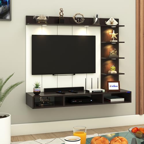 Image of Anikaa Tyron Engineered Wood Wall-Mount TV Unit with PVC Back Panel & LED Lights | TV Cabinet with Storage Box & Decorative Shelves (Wenge) | Ideal for TVs up to 43 Inch | DIY Installation