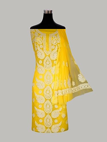 Image of Ada Hand Embroidered Lucknow Chikankari Unstitched Georgette Dress Material Suit Set for Women