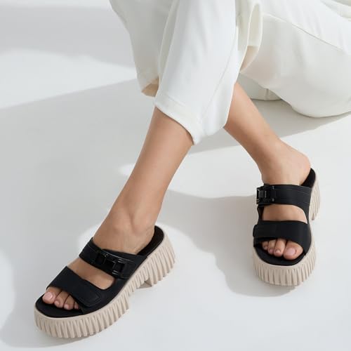 Image of UBFEN Womens Chunky Wedge Platform Sandals Adjustable Double-Strap Square | Toed Open-Toe Style Suitable for Outdoor Casual Wear