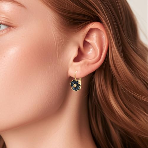 Sapphire Flower Earrings for Women, 14K Gold Plated Leverback with Blue Crystals, Hypoallergenic Dainty Jewelry - Image 3
