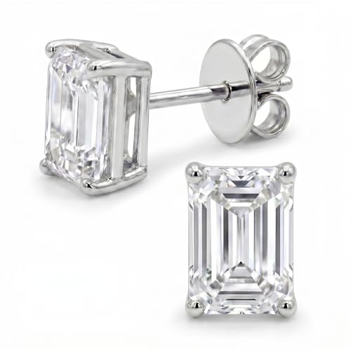 Emerald Cut Lab Grown Diamond Studs, 14K White Gold Over Sterling Silver
