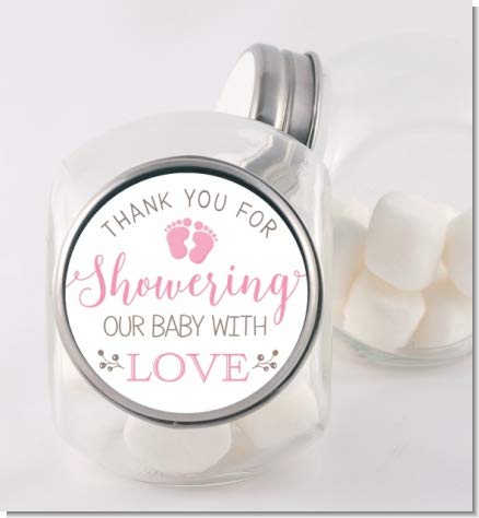 Baby Shower Stickers | Pink | Thank You for Showering Our Baby with Love | 48 Stickers - 1.67 Inches Round | Baby Shower Stickers for Girls | Pitter Patter - Tiny Baby Feet Baby Shower Labels