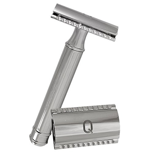 Q Brothers Double Edge Three Piece Safety Razor Manufactured Exclusively by Muhle, Medium-Weight Well-Balanced, Chrome Plated R89 Model Head with Lined Handle and Etched Logo