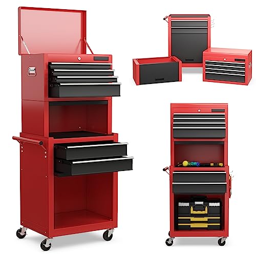 S AFSTAR 6-Drawer Rolling Tool Chest, High Capacity Tool Storage Cabinet with 4 Hooks, Locking System and Universal Wheels, 3-in-1 Detachable Toolbox for Garage, Workshop, Black and Red