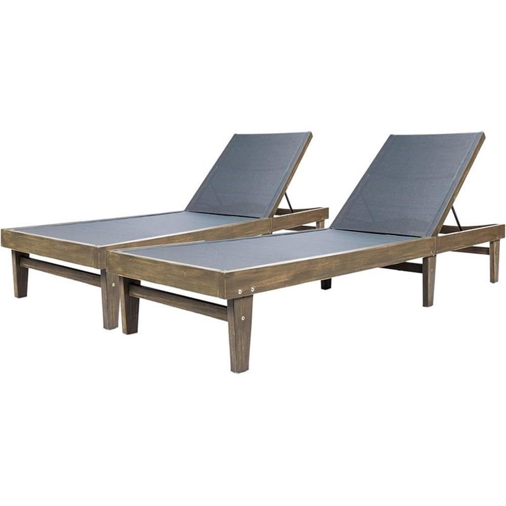 Shiny Outdoor Wood Chaise Lounge (Set of 2), Grey Finish/Dark Grey Mesh