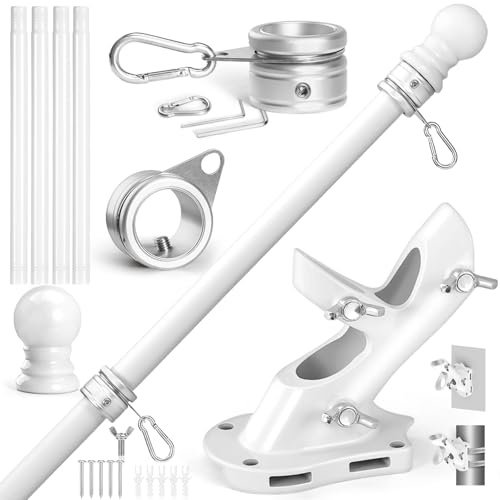 Anovo Flag Pole Kit- Upgraded Holder Stainless Steel 5 FT Flag Poles with1 Inch Metal 360 Rotating Flag Pole Rings Two-Position Flag Pole Bracket Mounting for Outside House Porch (5 FT - White)