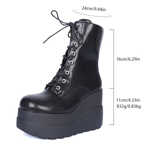 Gothic Combat Ankle Boots for Womem Lace Up Round Toe Platform Chunky Wedge Booties Side Zipper Punk Motorcycle Boots 7
