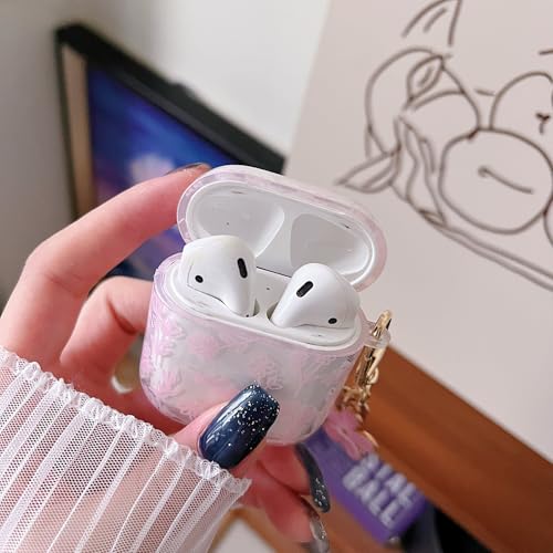 Image of MINSCOSE Compatible with AirPod 1&2 Clear Case,Cute Flower Floral Aesthetic Design with Flowers Keychain, Soft TPU Protective Shockproof Case for Women Girl for Airpod 1&2-Pink