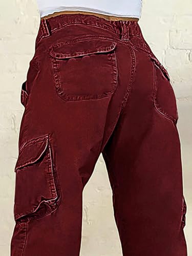 Flamingals Women Solid Flap Pocket Mid Rise Straight Leg Cargo Pants Vintage Stretch Cotton All Season Long Pants4