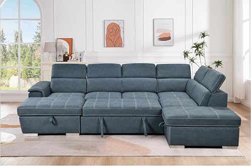 THSUPER 127'' Microfiber Oversized U Shaped Sectional Sleeper Sofa Couch with Pullout Bed, 7 Seat Couches with Adjustable Headrest, Sofas with Storage Chaise and Ottoman for Living Room. Navy Blue - Thumbnail 5