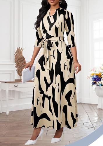 Image of BubFee Maxi Dresses for Women Semi Formal Long Dress 3 /4 Sleeve Casual A-line Church Dresses with Pockets